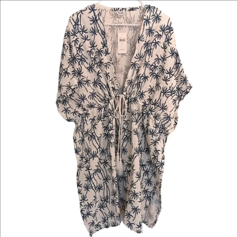 Splendid Tropic Veil Coverup Cream/Dark Teal Cotton Gauze Palms Print Tassel Tie